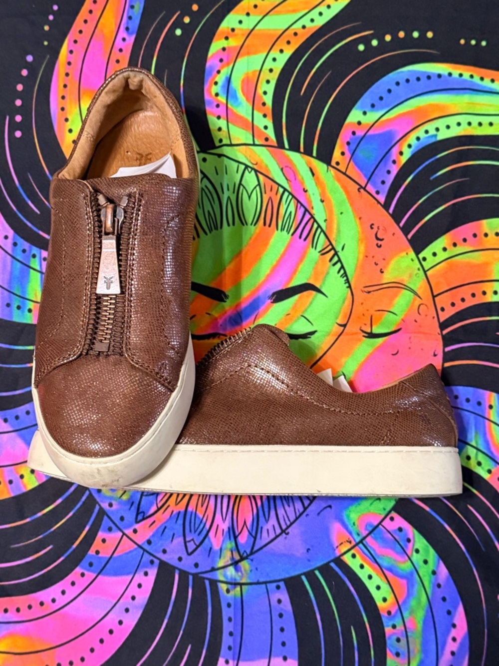Frye Brown Leather Zip-Front Slip-On Flats - Picture 4 of 11
